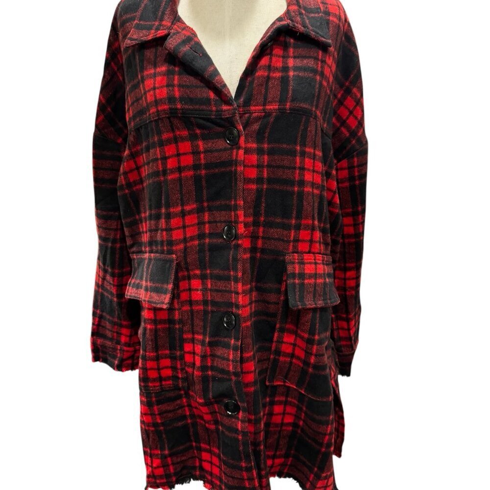 HYFVE Red & Black Plaid Shacket – Women’s Large – Button Front, Patch Pockets, R